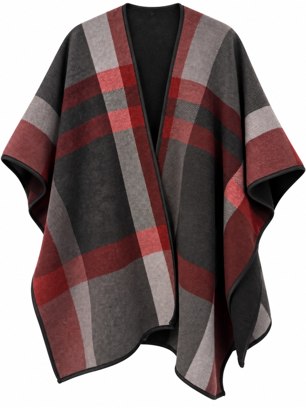 Ike Behar Gray and Red Plaid Open-Front Knit Cape